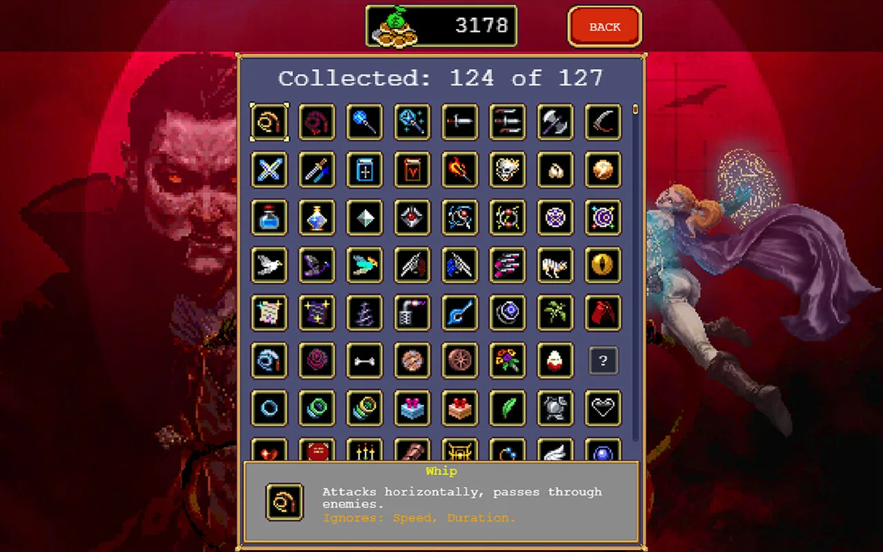 Weapons and items in the Collection screen (Vampire Survivors, via Steam)