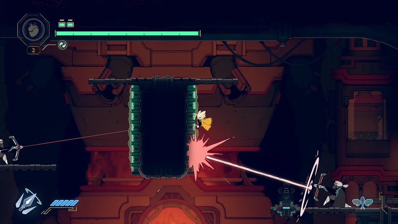 Combat with a red line and a bright flash (Nine Sols, via Steam)