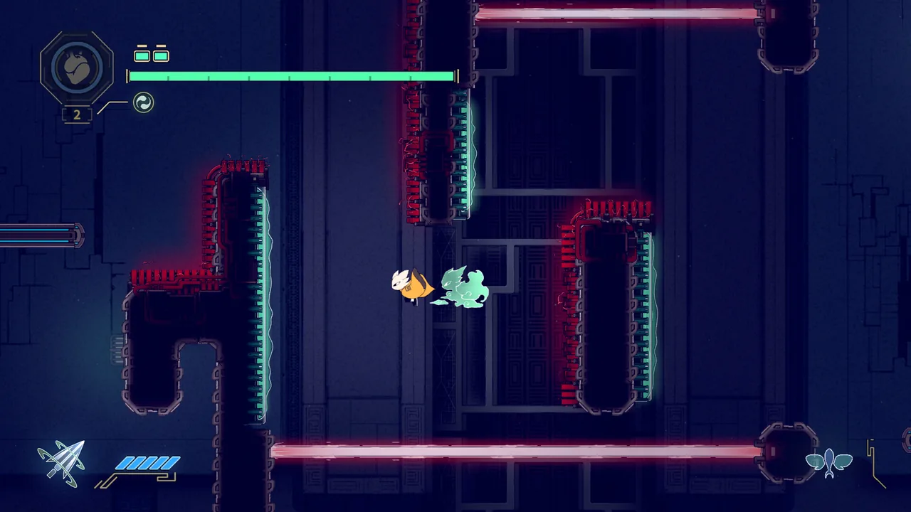 A vertical shaft lined with red spikes and beams (Nine Sols, via Steam)