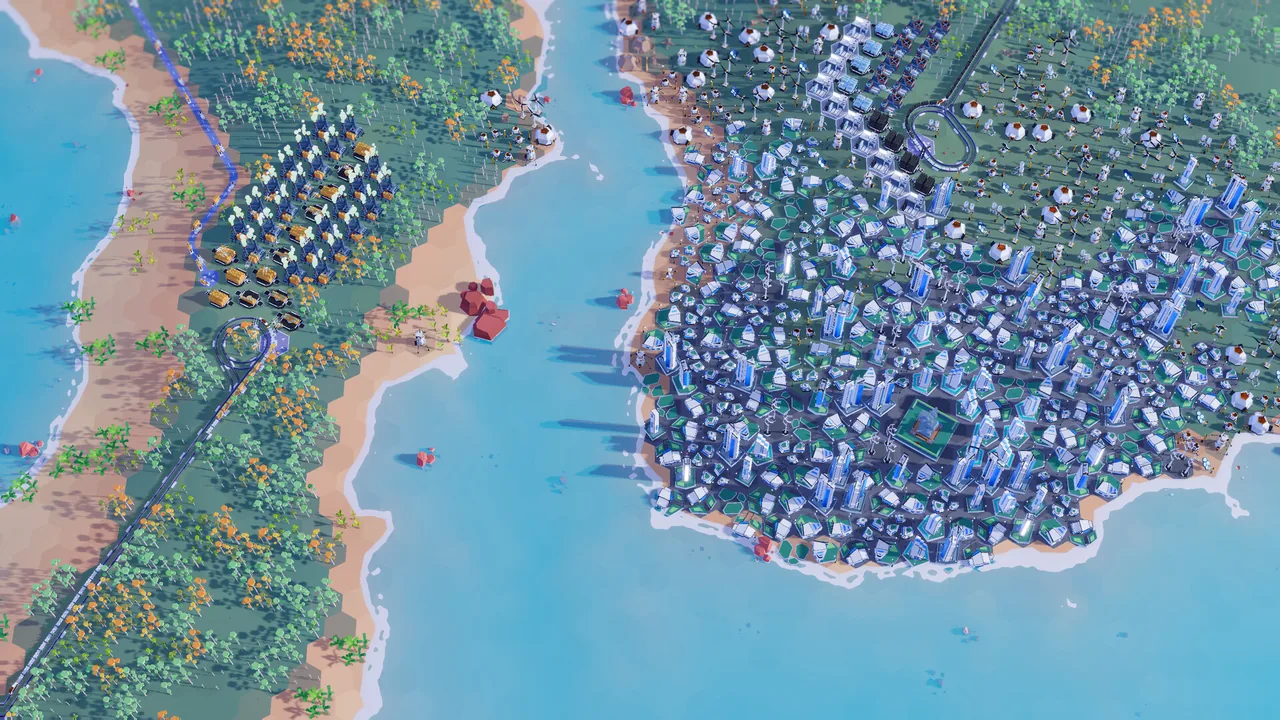 A dense waterfront city and facilities across the water (Plan B: Terraform, via Steam)