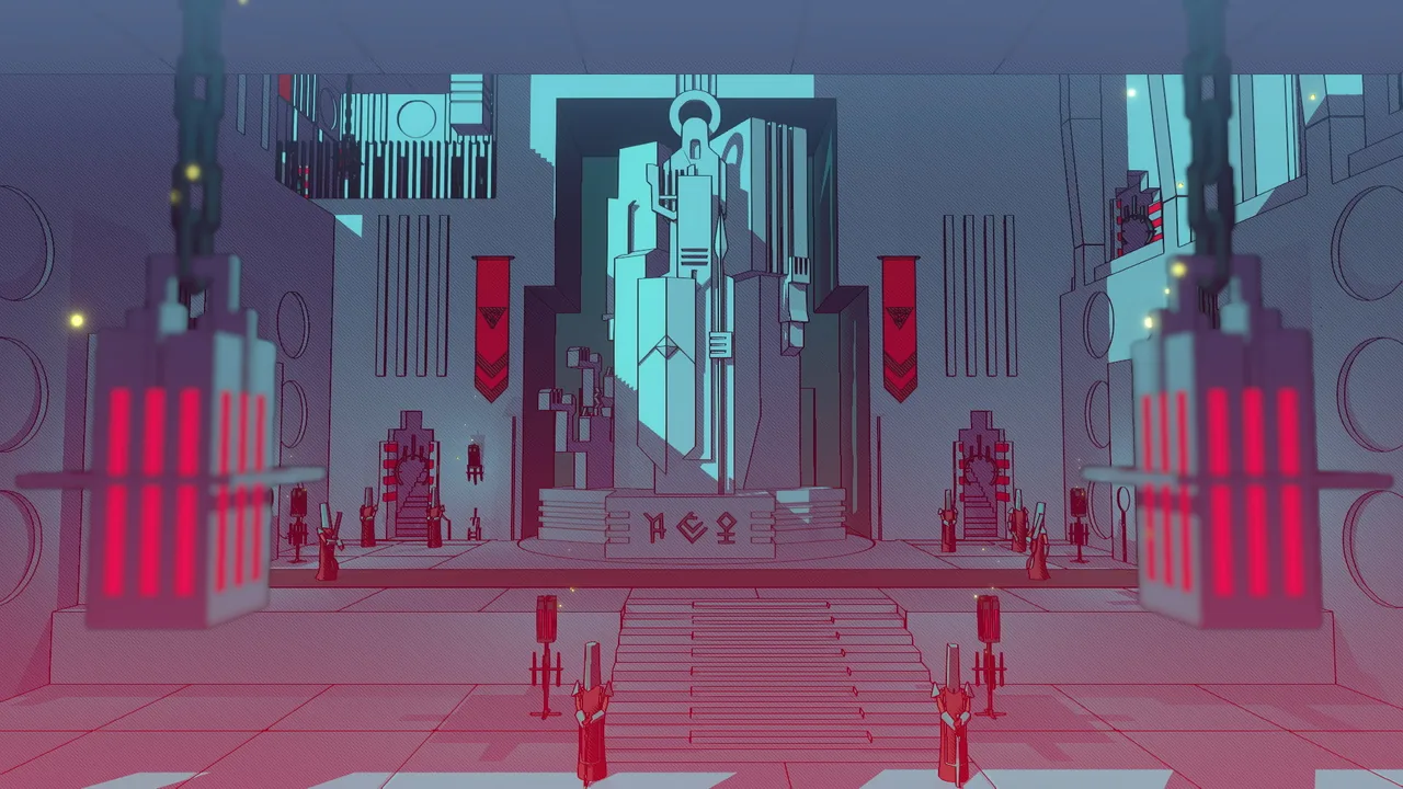 A hall lined with red-robed figures (Chants of Sennaar, via Steam)