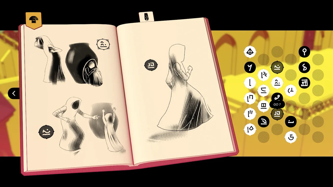 A Notebook with sketches and glyphs (Chants of Sennaar, via Steam)