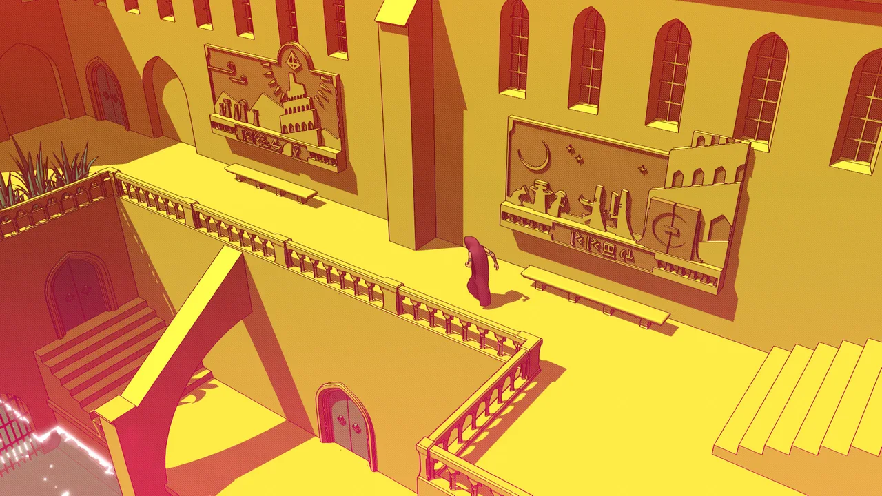 A traveler standing by wall reliefs (Chants of Sennaar, via Steam)