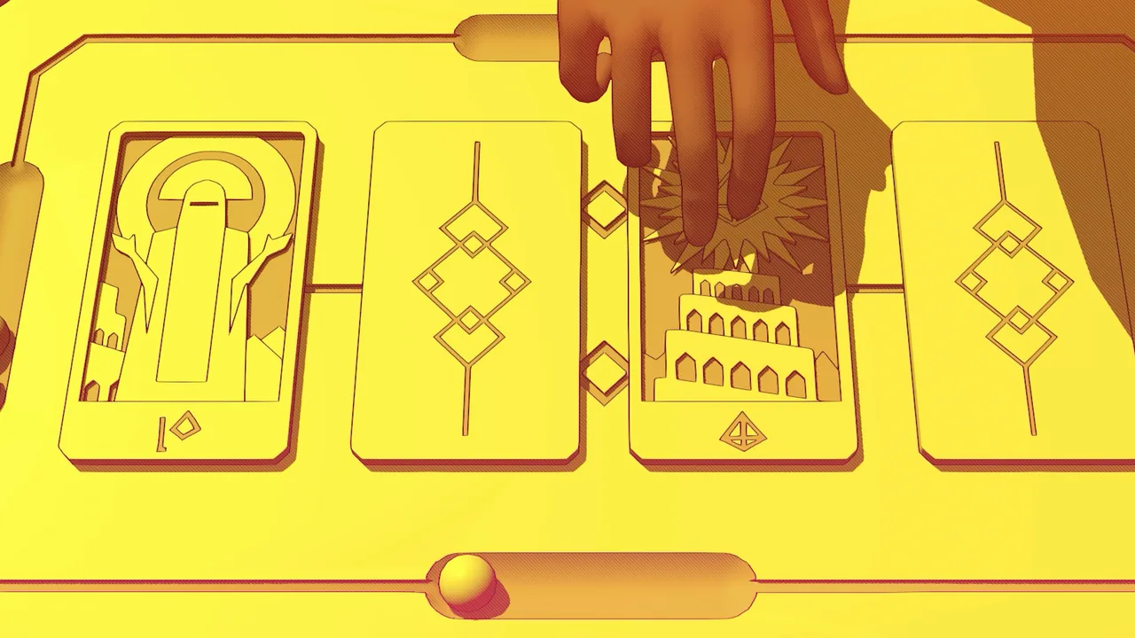 A hand touching a patterned tile (Chants of Sennaar, via Steam)