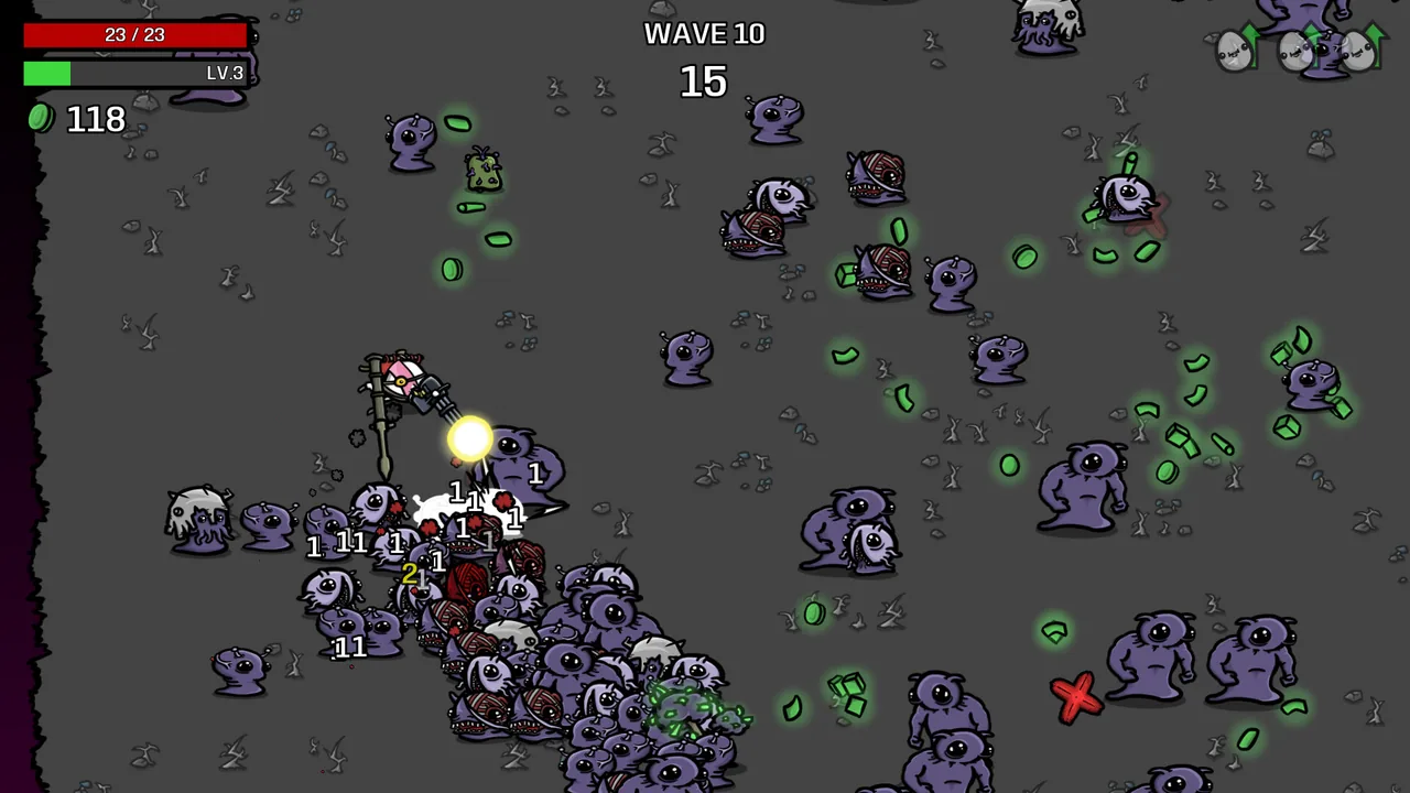 武器を構えたキャラクターに迫る敵(Brotato・Steamストアより)
