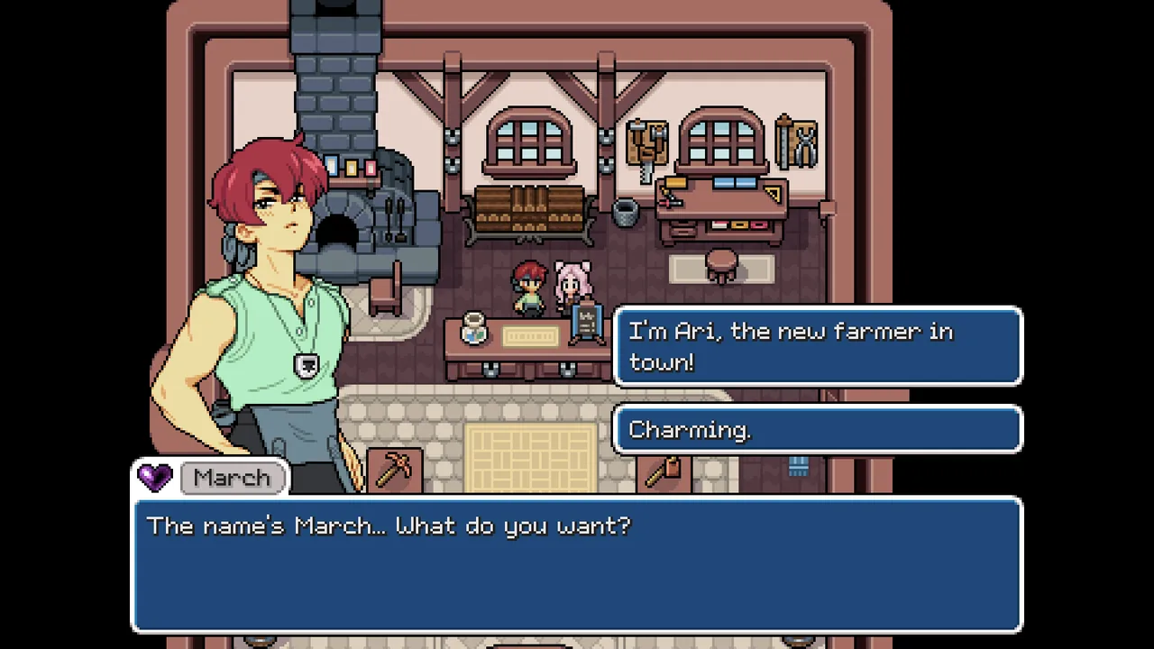대장간에서 나누는 대화와 선택지 (Fields of Mistria, Steam 상점 제공)