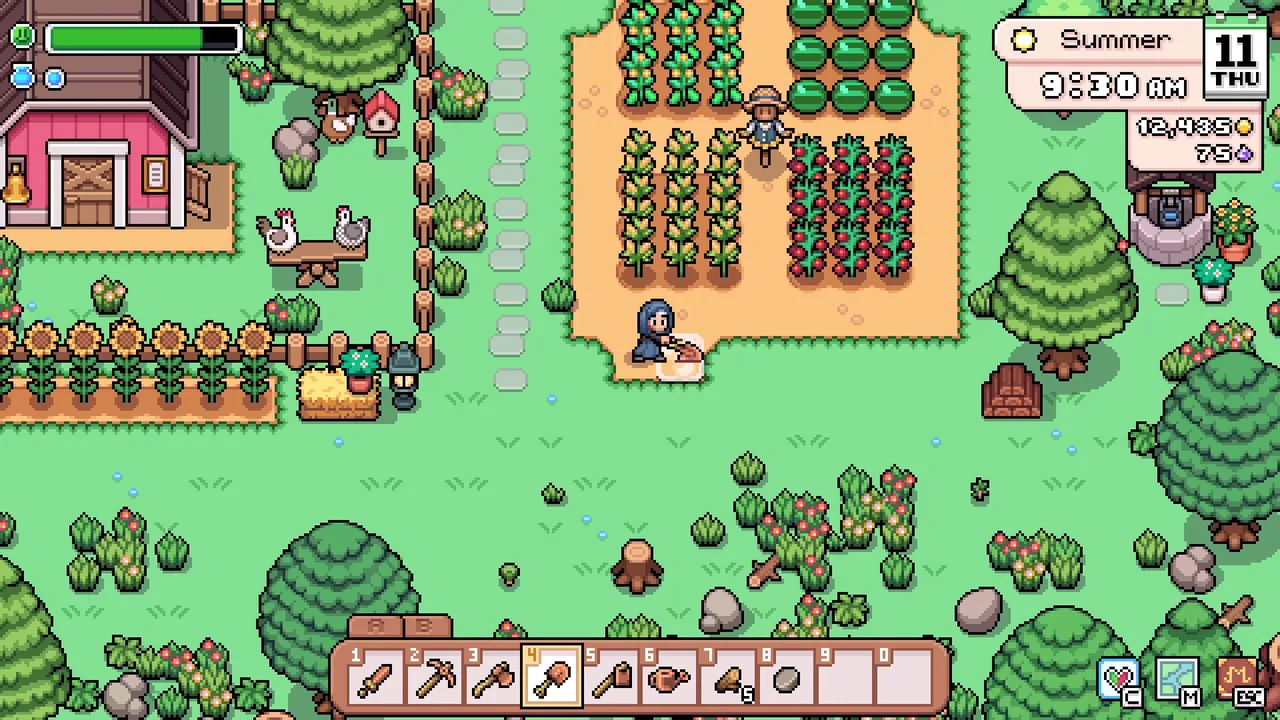 농장 밭에 줄지어 자란 작물 (Fields of Mistria, Steam 상점 제공)