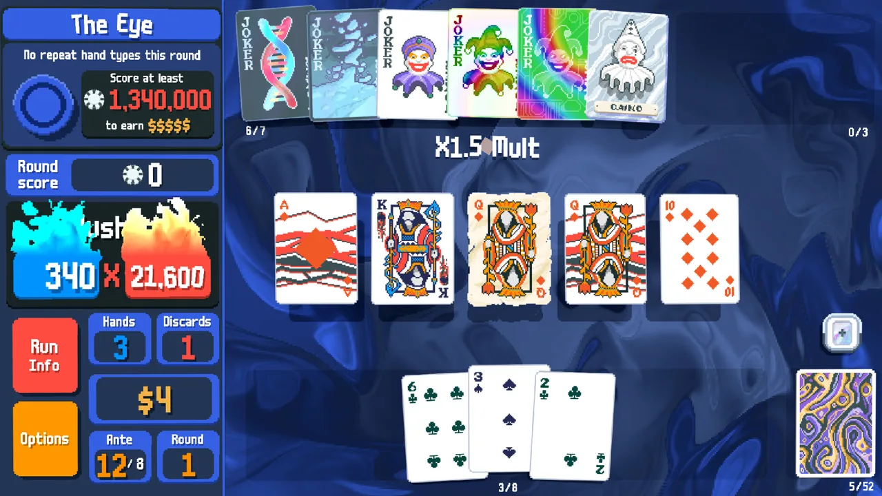 The Eye’s rule and cards in play (Balatro, via Steam)