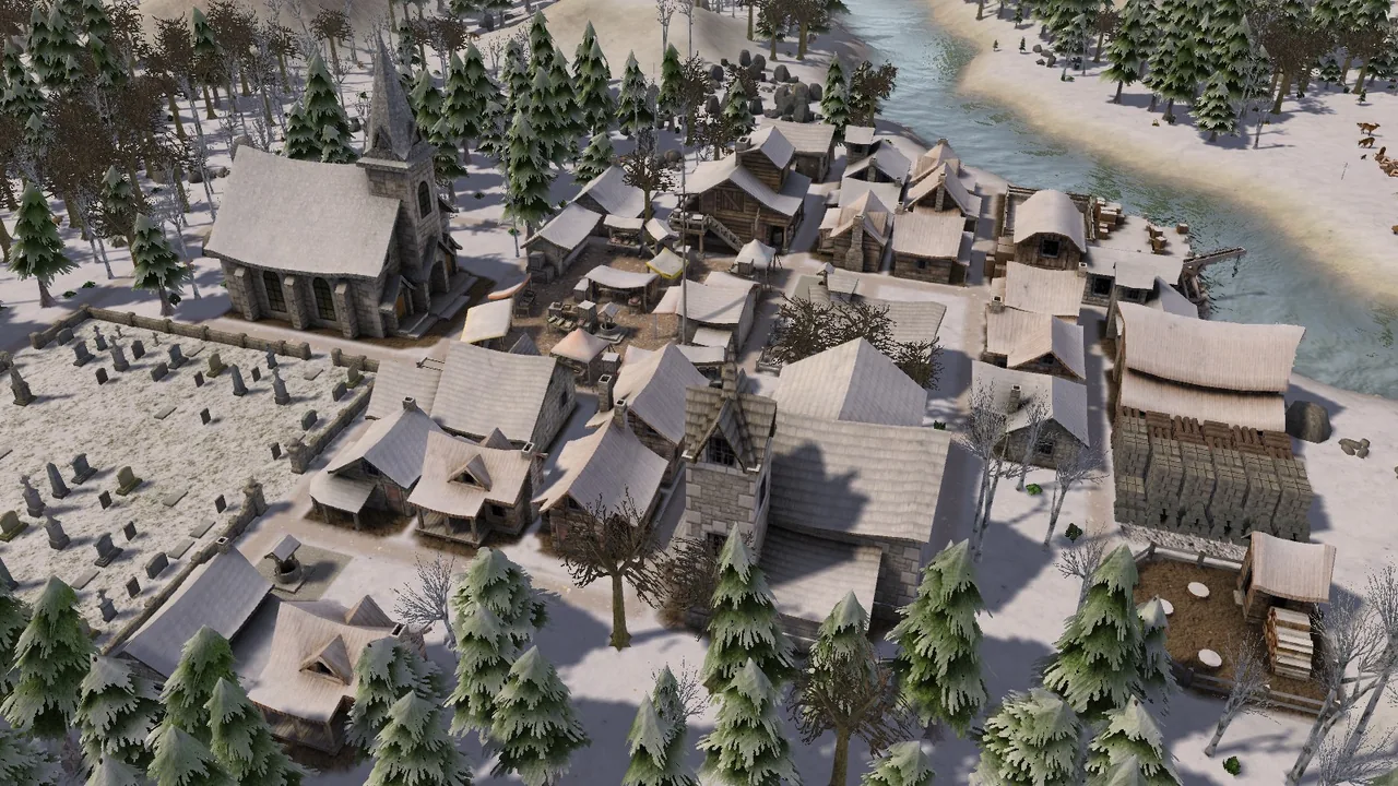 A snow-covered village and church (Banished, via Steam)