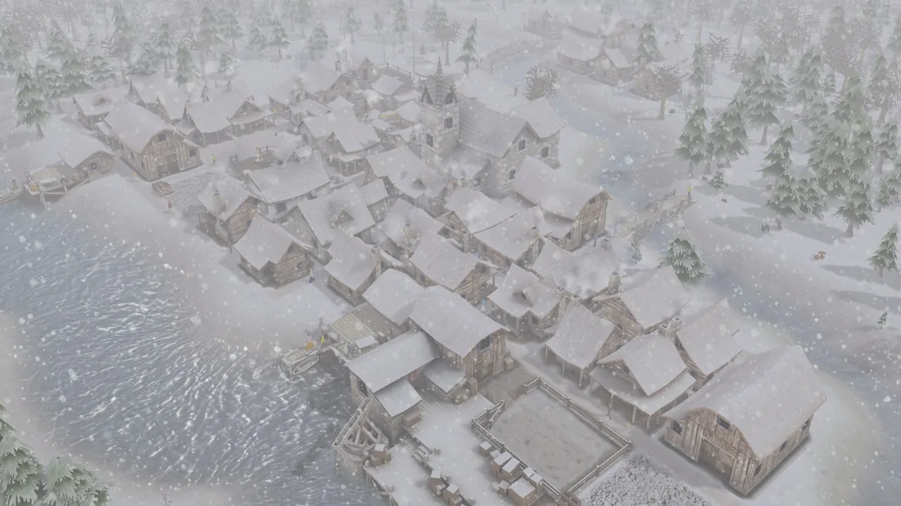 A riverside village in the snow (Banished, via Steam)