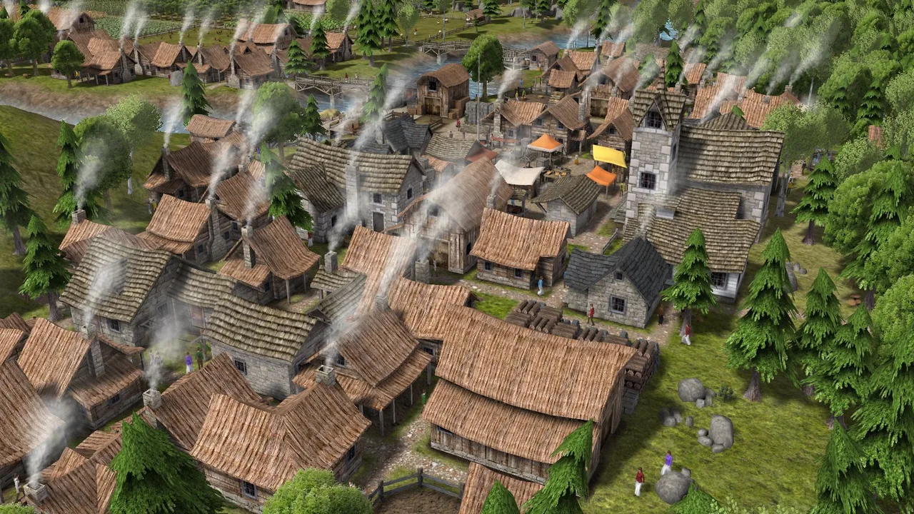 Smoke rising above village homes (Banished, via Steam)
