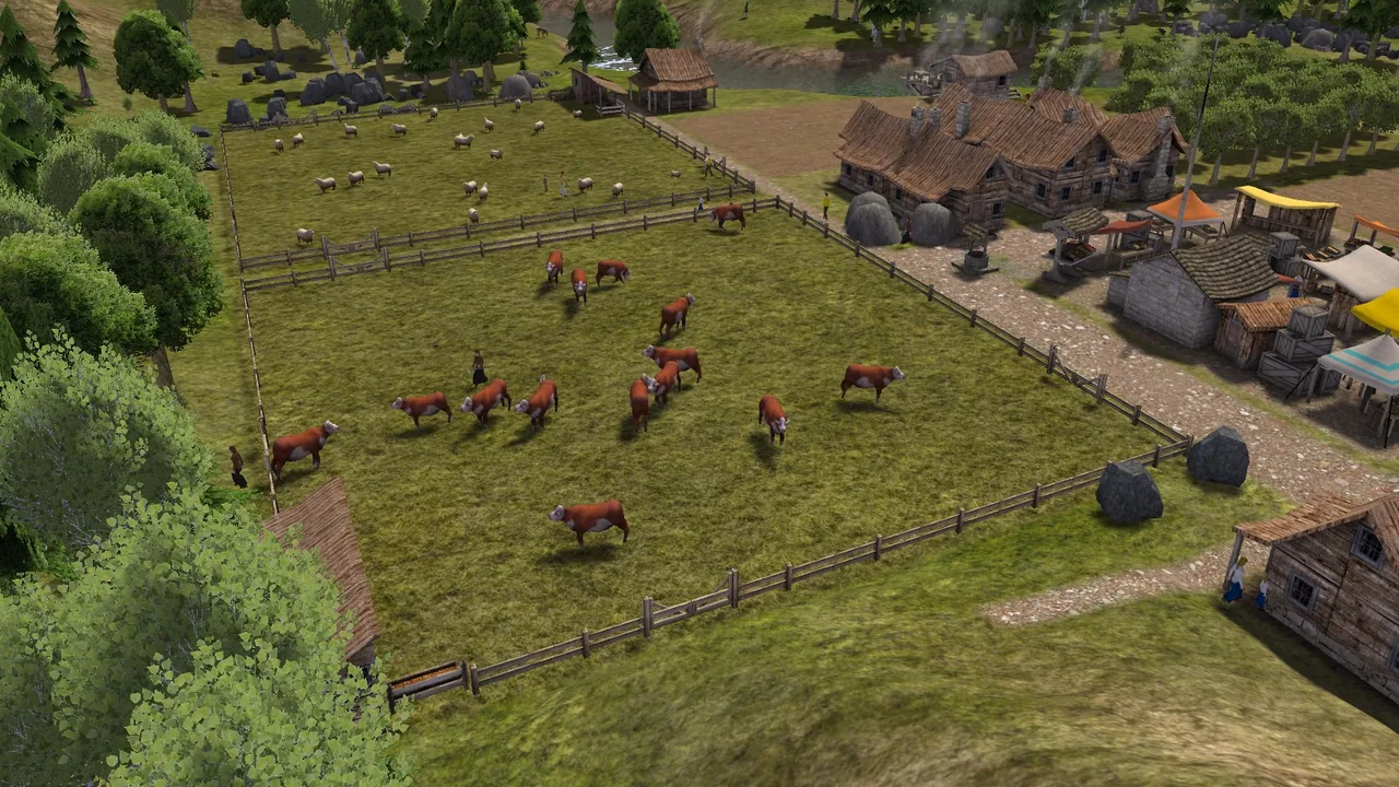 Cattle and sheep in fenced pastures (Banished, via Steam)