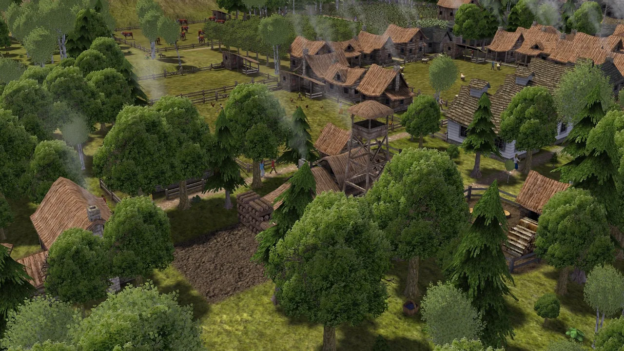 Homes and a field among the trees (Banished, via Steam)