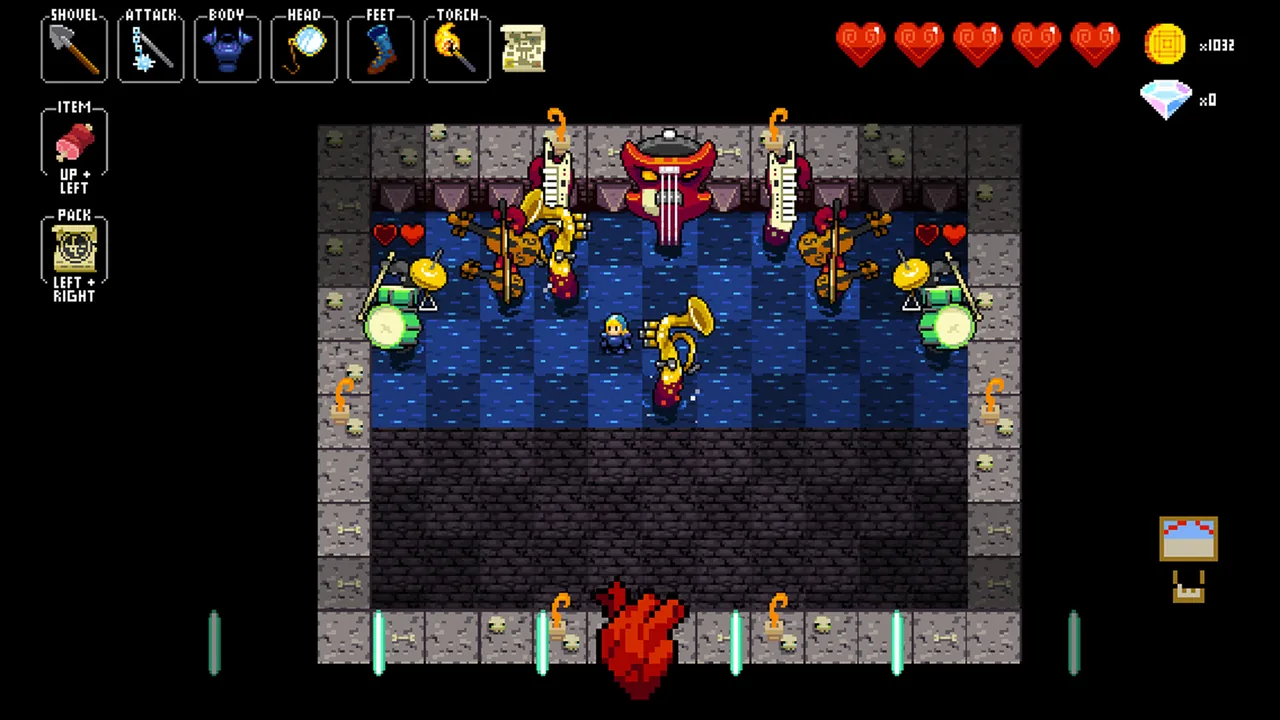 Equipment slots and enemies holding instruments (Crypt of the NecroDancer, via Steam)