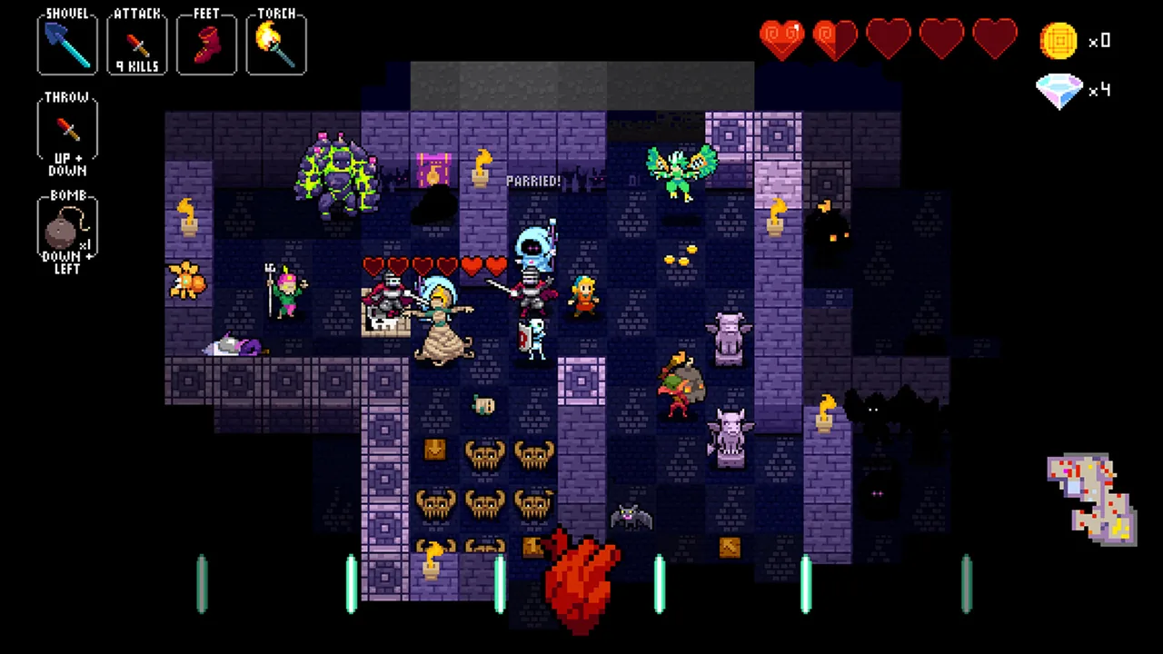 Combat with enemies and equipment slots (Crypt of the NecroDancer, via Steam)