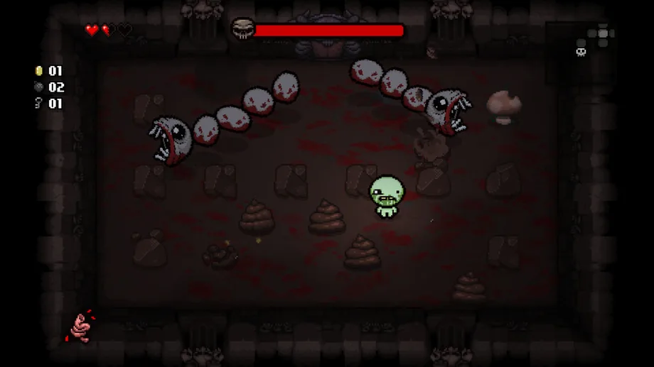Long-bodied enemies and a red health bar (The Binding of Isaac: Rebirth, via Steam)