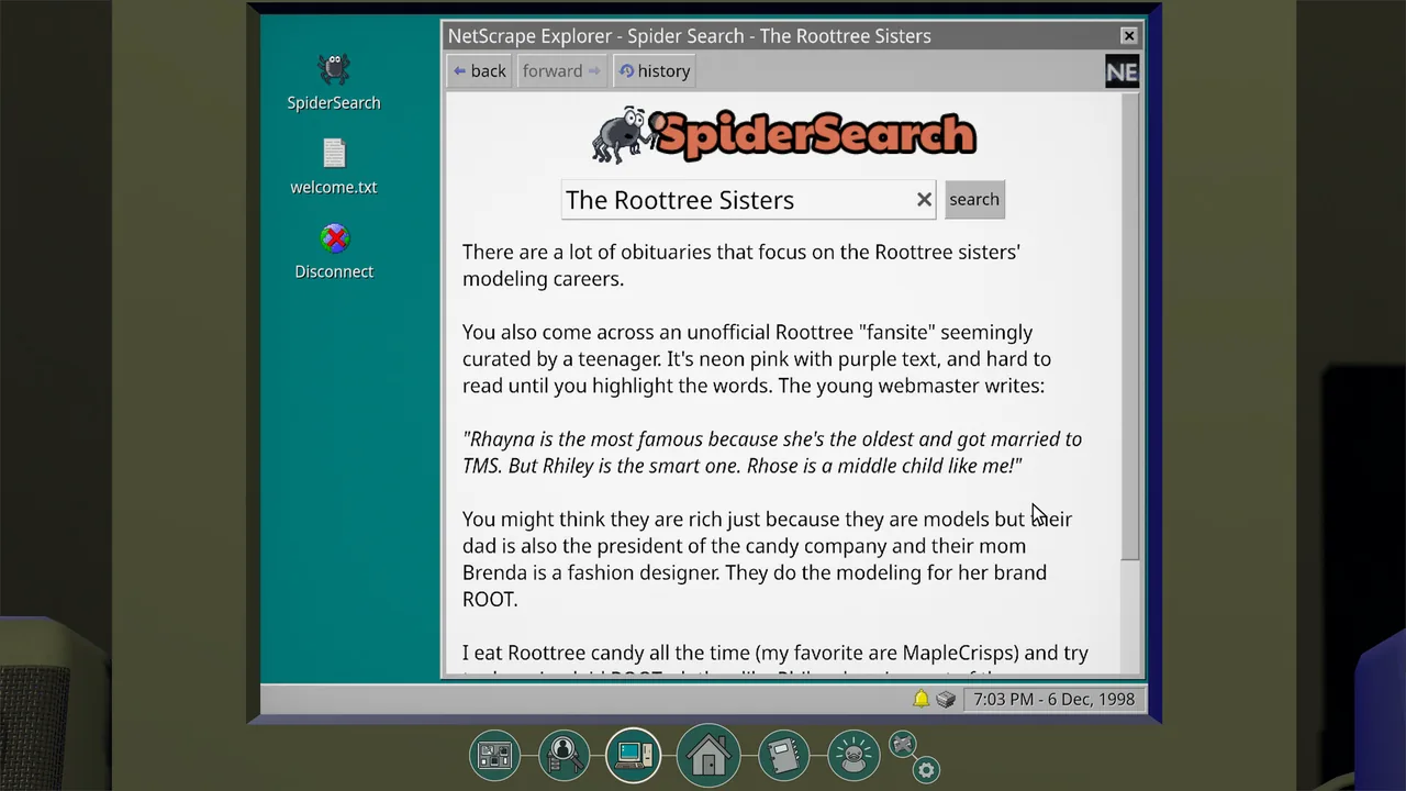 A computer screen showing a search query and article (The Roottrees are Dead, via Steam)