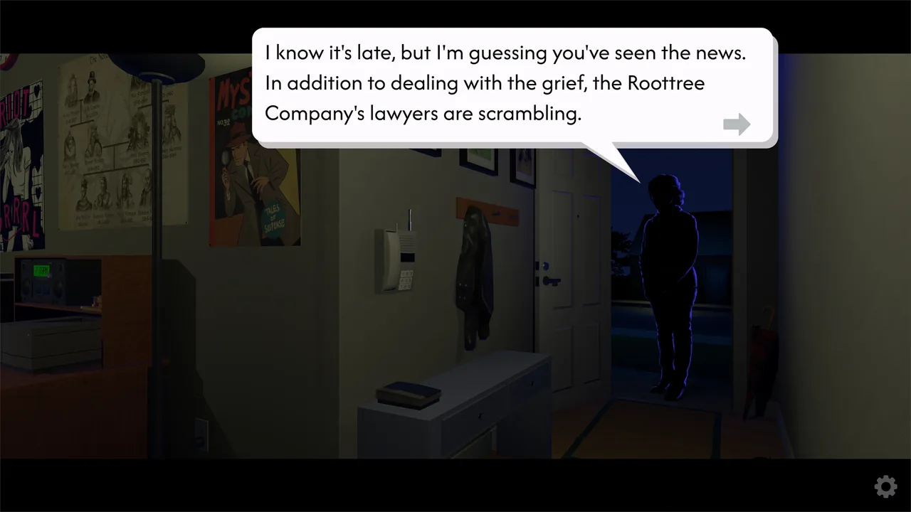 A figure at the door with dialogue (The Roottrees are Dead, via Steam)