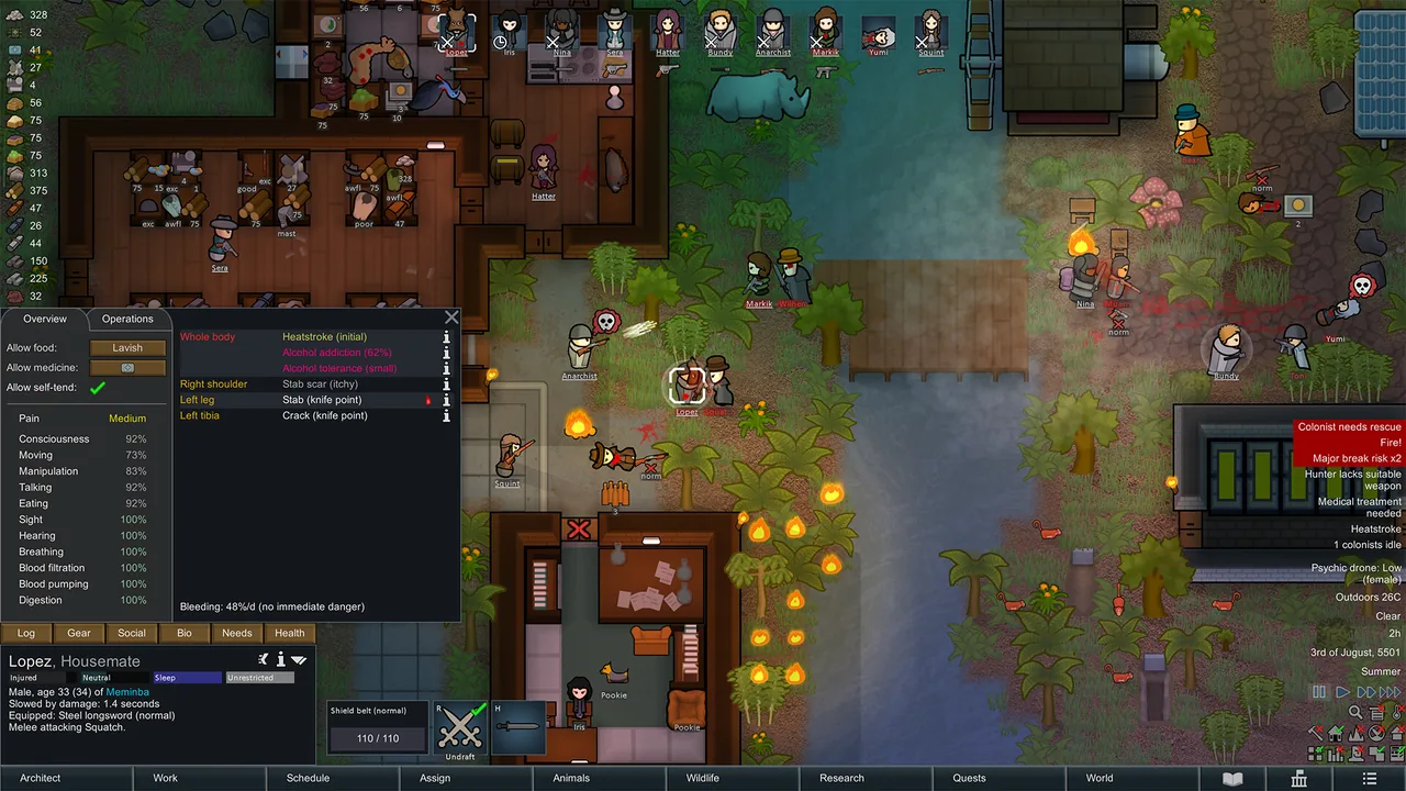An injured colonist's health panel (RimWorld, via Steam)