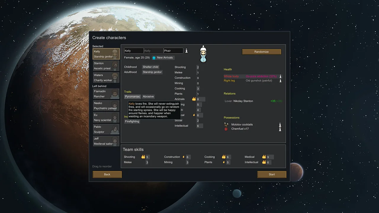 The colonist selection screen (RimWorld, via Steam)