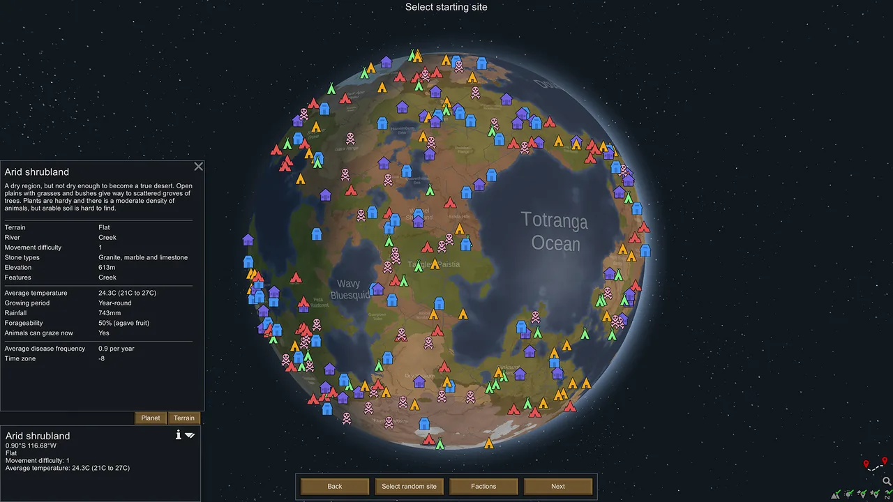 Choosing a landing site on the planet (RimWorld, via Steam)