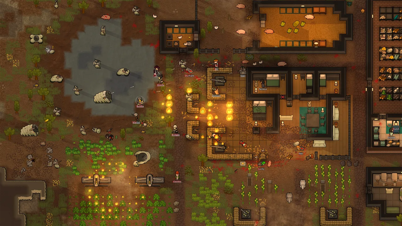 A colony with fields and rooms (RimWorld, via Steam)