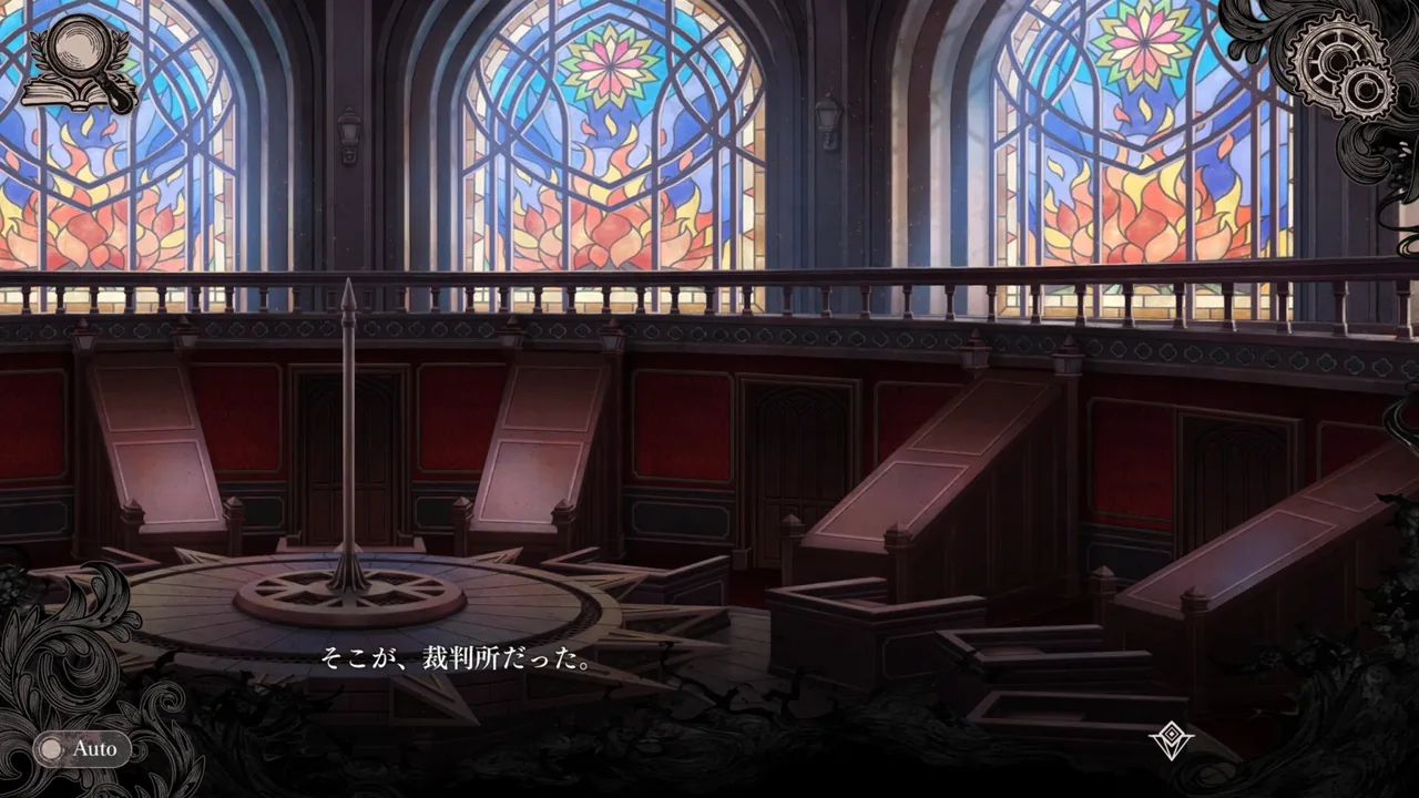 A courtroom with stained glass (Magical Girl Witch Trials, via Steam)