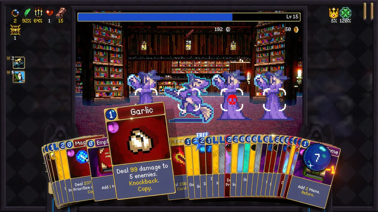 A spread of cards in front of enemies (Vampire Crawlers: The Turbo Wildcard from Vampire Survivors, via Steam)