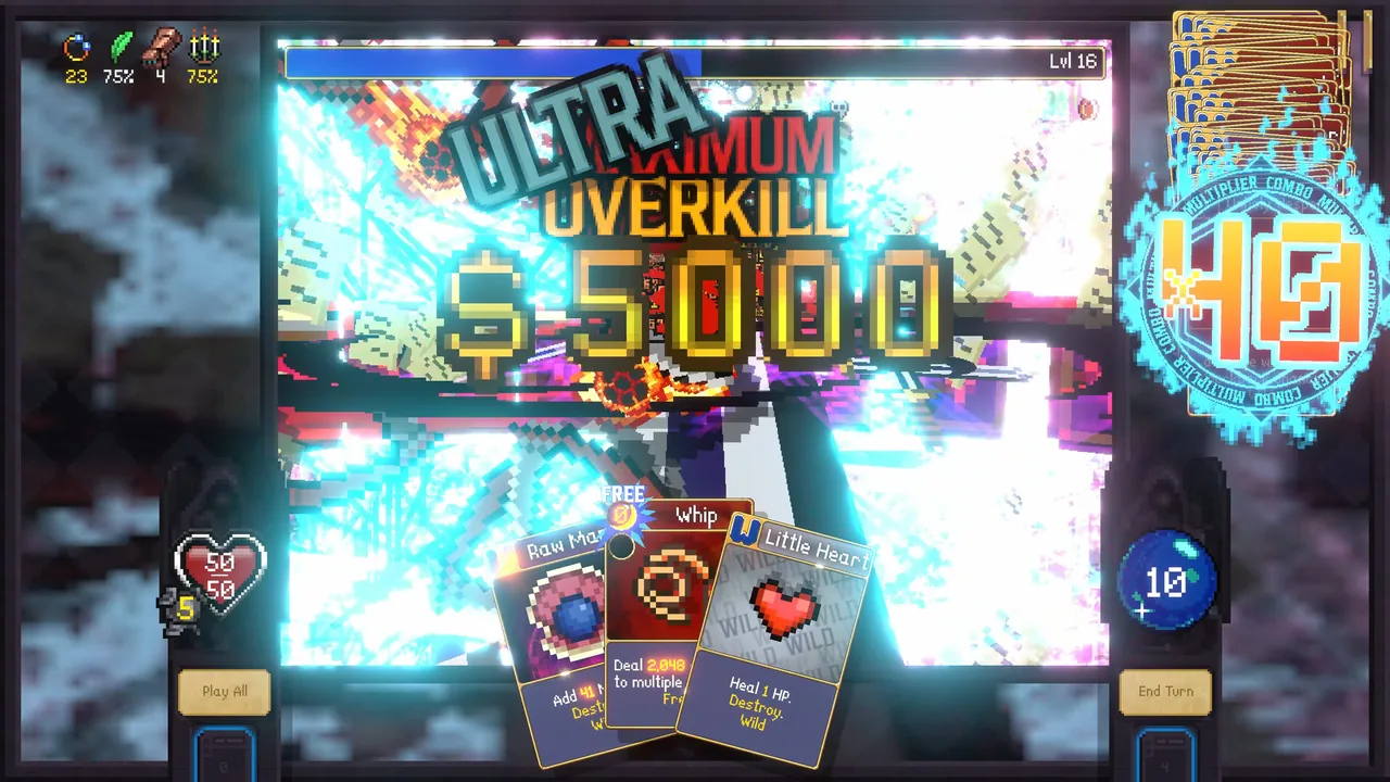 Screen-filling effects and a reward display (Vampire Crawlers: The Turbo Wildcard from Vampire Survivors, via Steam)