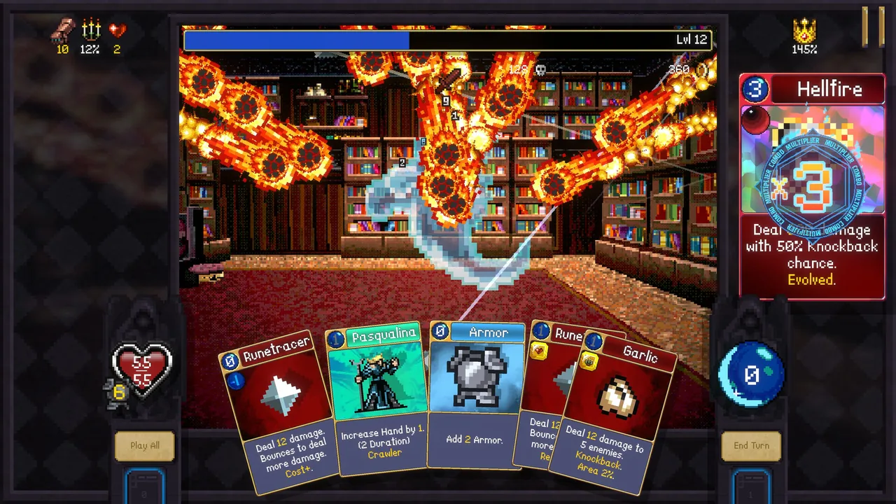 Flying flames and a row of cards (Vampire Crawlers: The Turbo Wildcard from Vampire Survivors, via Steam)