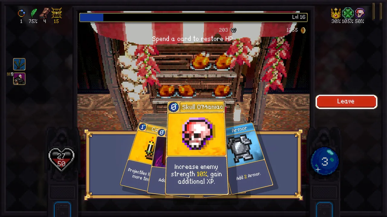 A healing prompt and cards (Vampire Crawlers: The Turbo Wildcard from Vampire Survivors, via Steam)
