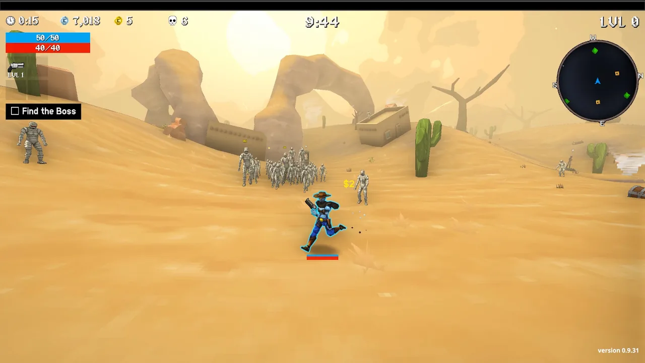 A character running from a mob in the desert (Megabonk, via Steam)