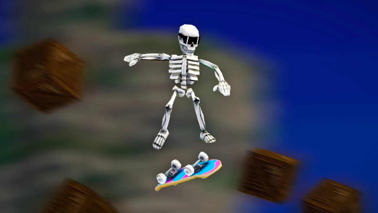 A skeleton jumping above a skateboard (Megabonk, via Steam)