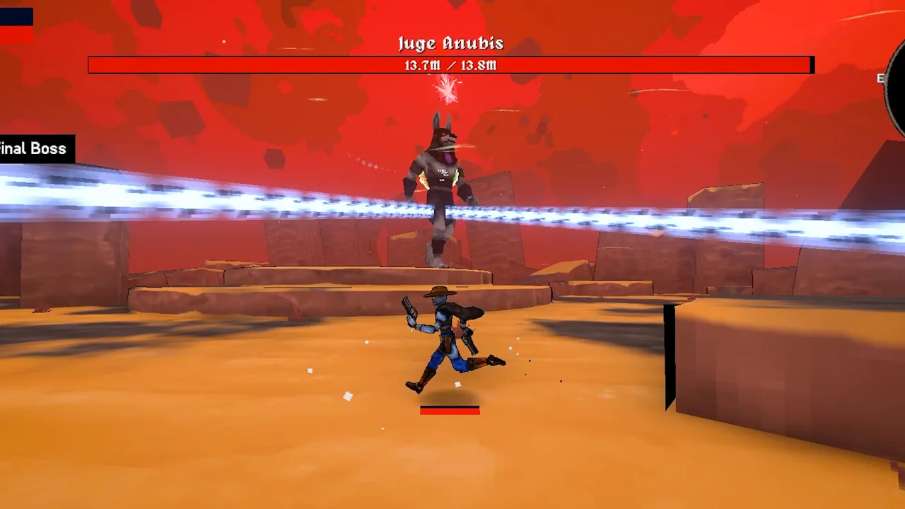 A boss and a blue beam under a red sky (Megabonk, via Steam)