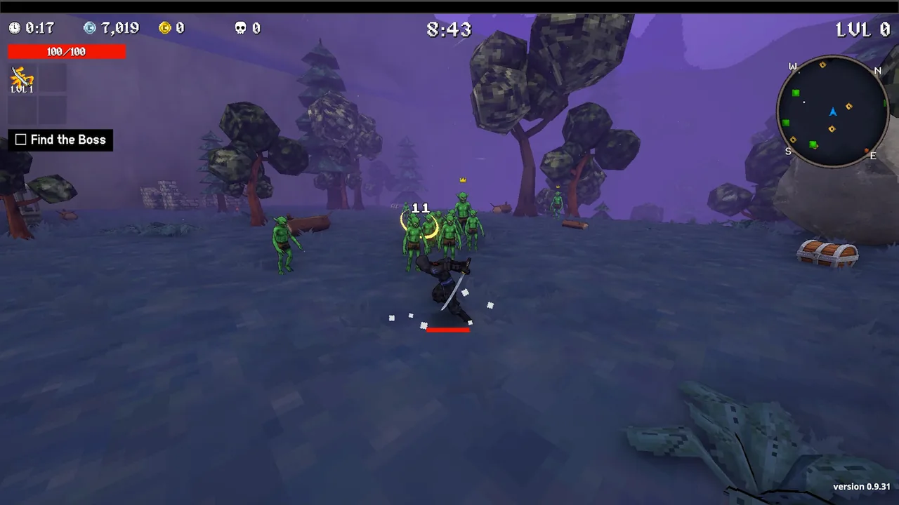 Enemies and a chest in a purple forest (Megabonk, via Steam)