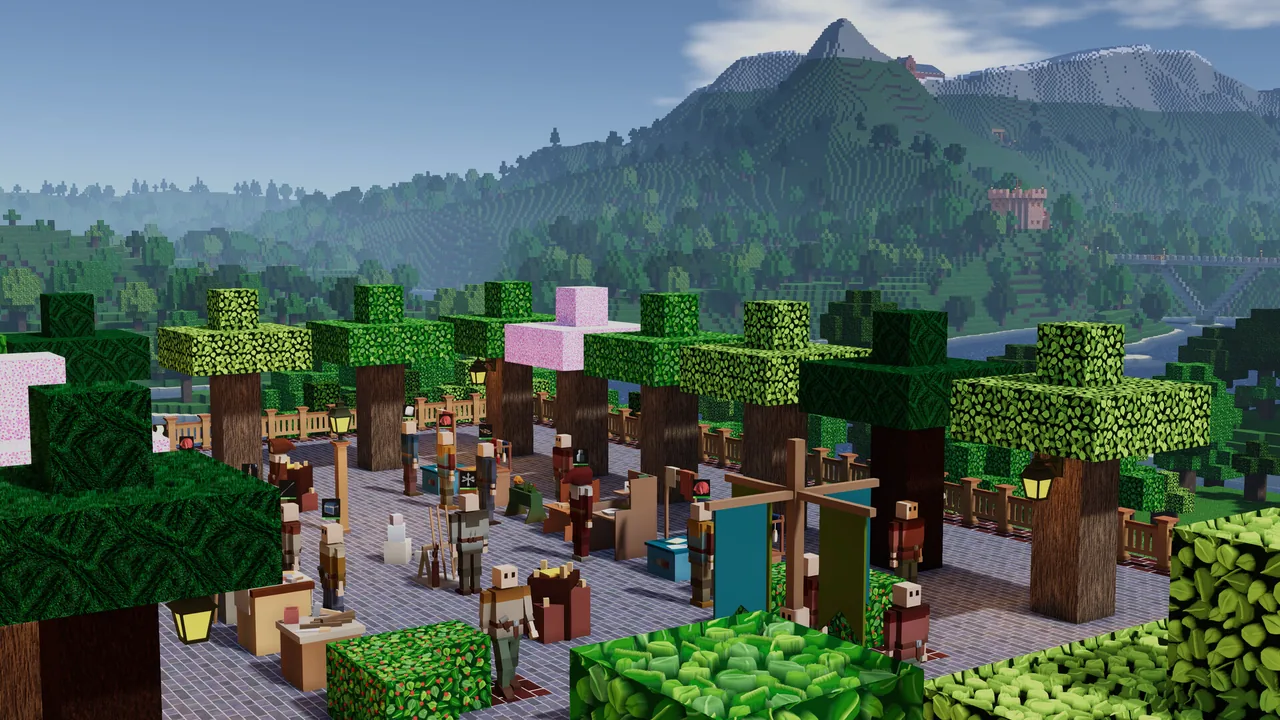 A plaza lined with trees and stalls (Colony Survival, via Steam)
