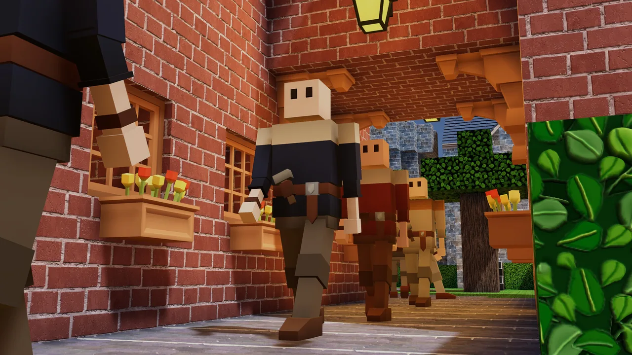 Colonists walking between brick buildings (Colony Survival, via Steam)