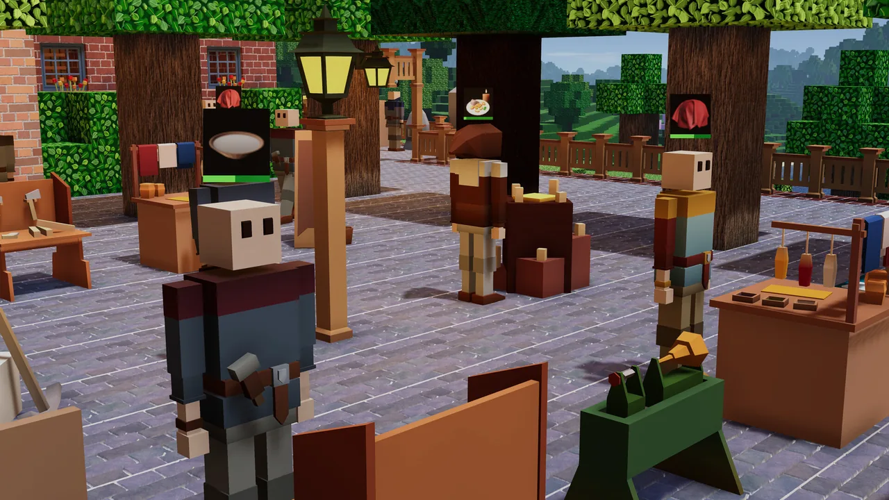 Colonists and stalls beneath the trees (Colony Survival, via Steam)