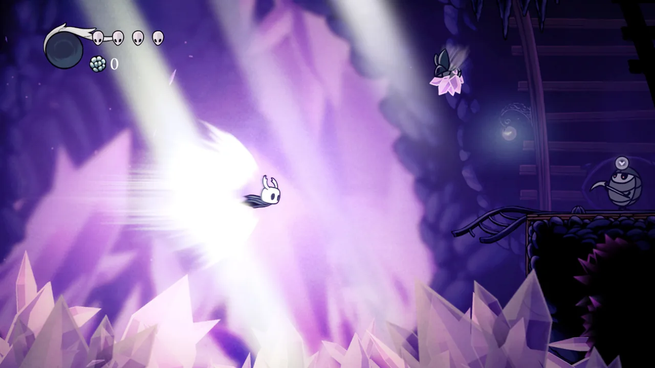 The Knight flying across a crystal cavern (Hollow Knight, via Steam)
