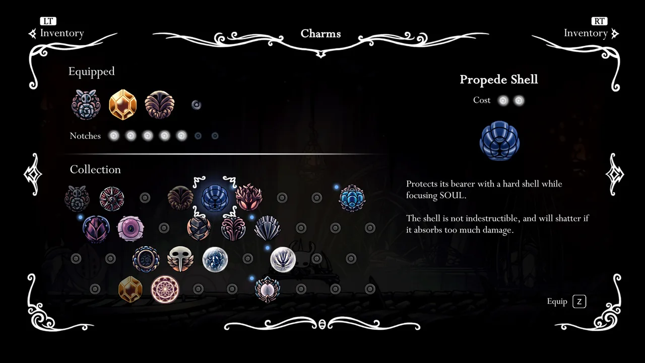 The Charms equipment screen (Hollow Knight, via Steam)