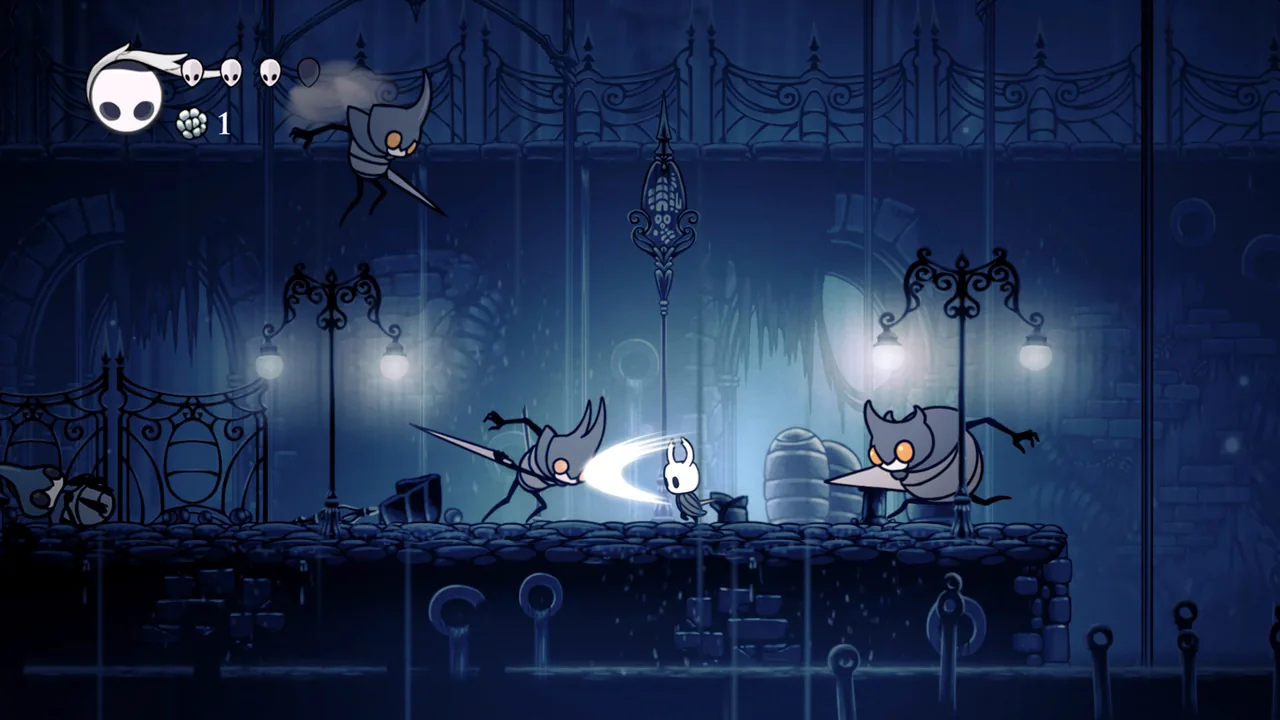 The Knight fighting on a blue-lit street (Hollow Knight, via Steam)