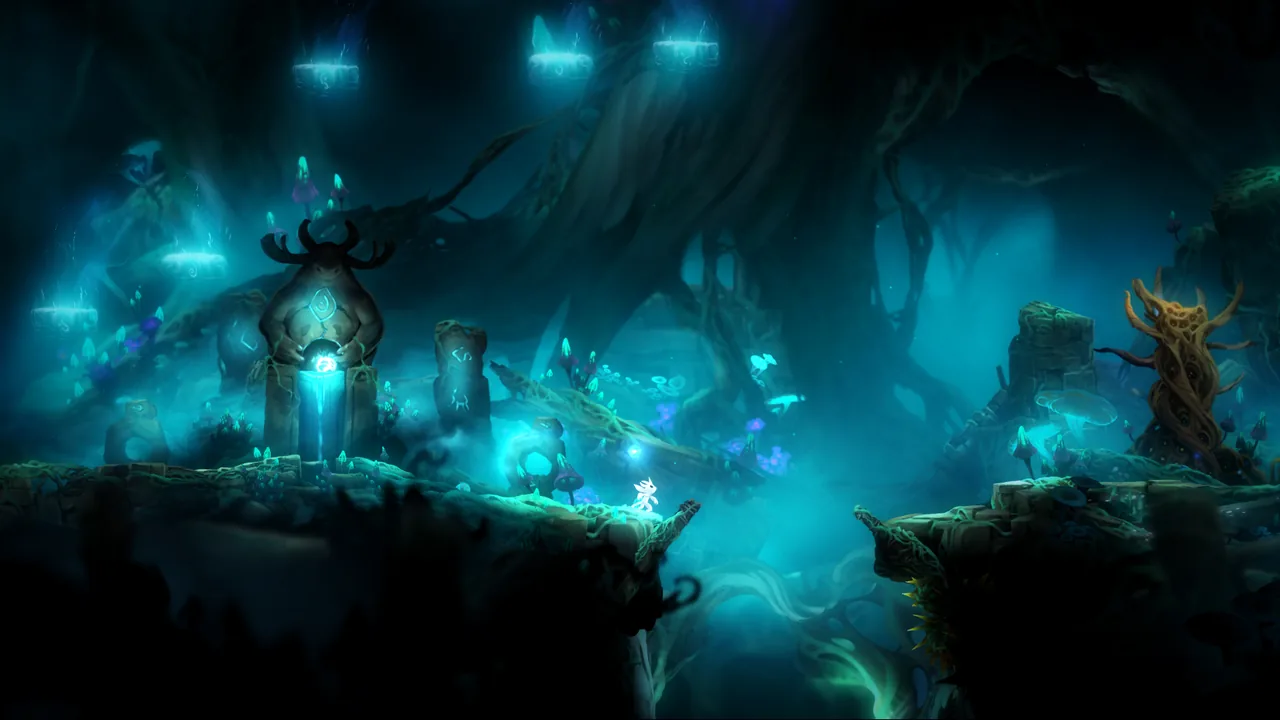 Ori by a cliff and a glowing stone (Ori and the Blind Forest: Definitive Edition, via Steam)
