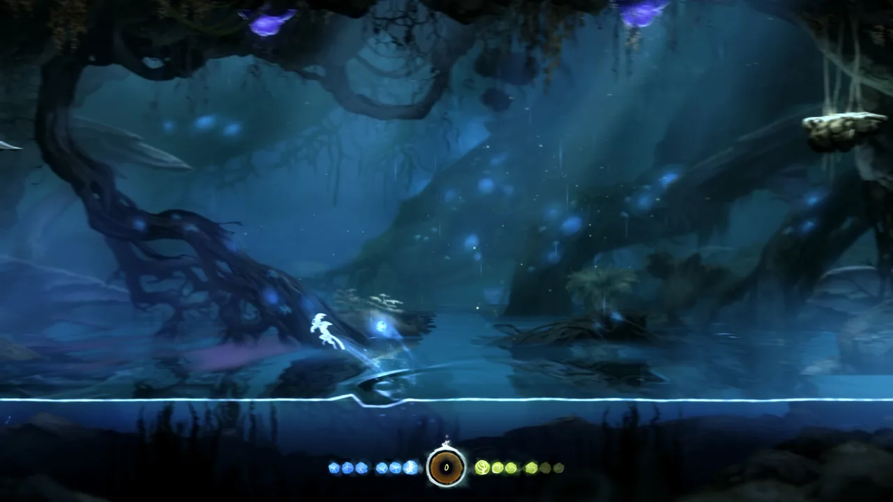 Ori leaping by the water and blue lights (Ori and the Blind Forest: Definitive Edition, via Steam)