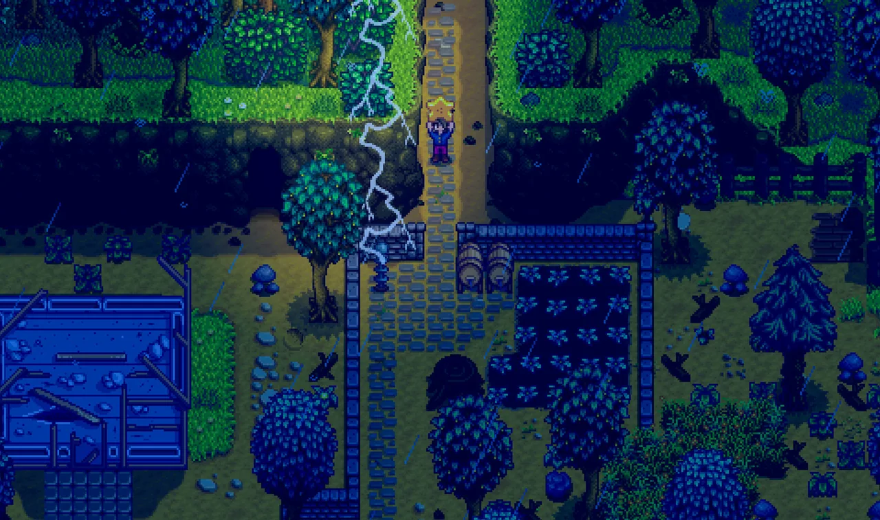 A stone path lit by lightning (Stardew Valley, via Steam)