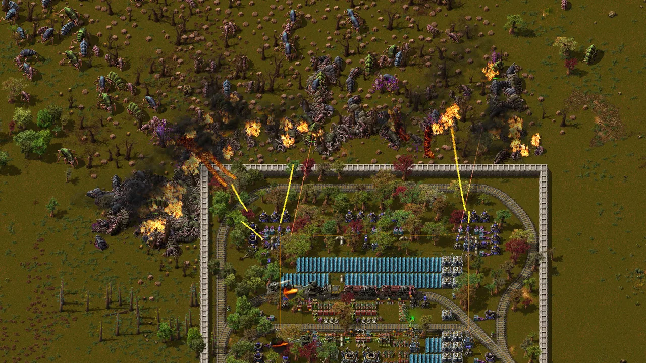 Enemies outside the wall and defenses within (Factorio, via Steam)
