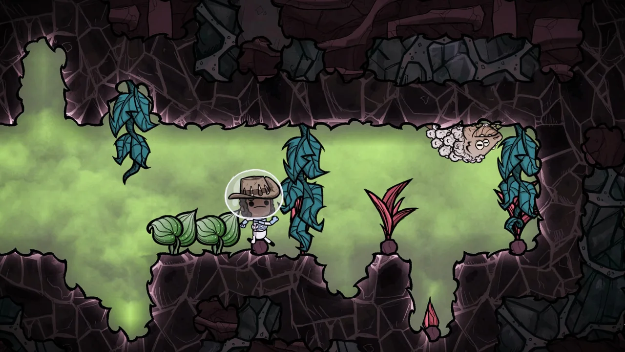 A cave filled with green gas (Oxygen Not Included, via Steam)