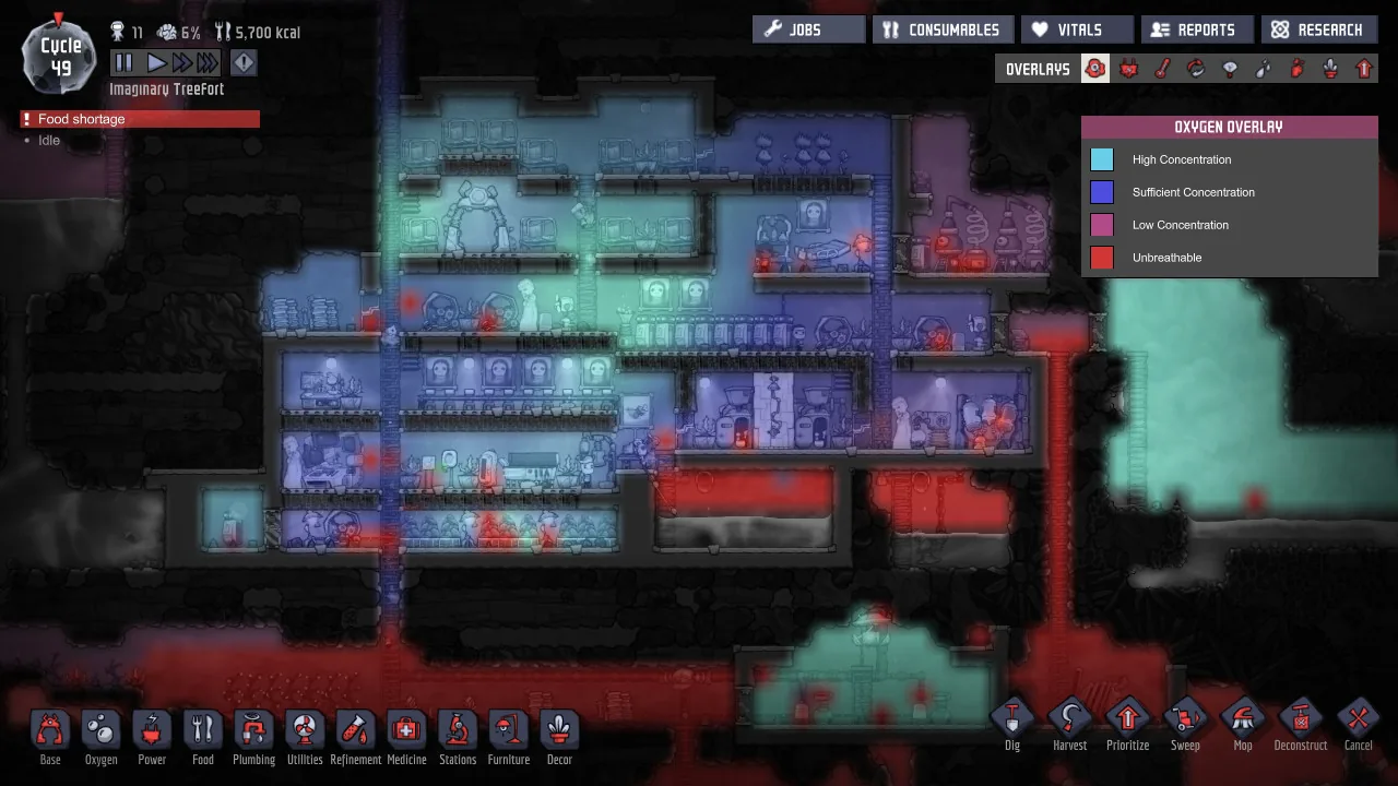 A colony with the oxygen overlay open (Oxygen Not Included, via Steam)