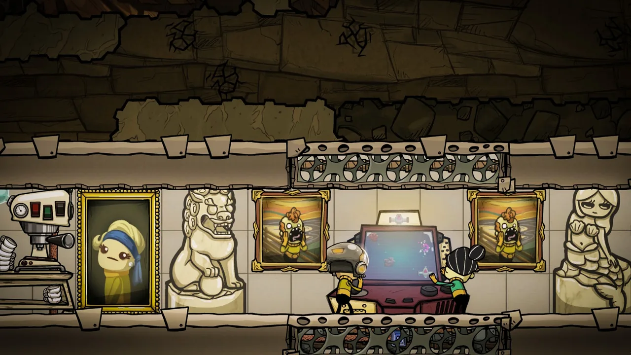 A room with paintings and an arcade machine (Oxygen Not Included, via Steam)