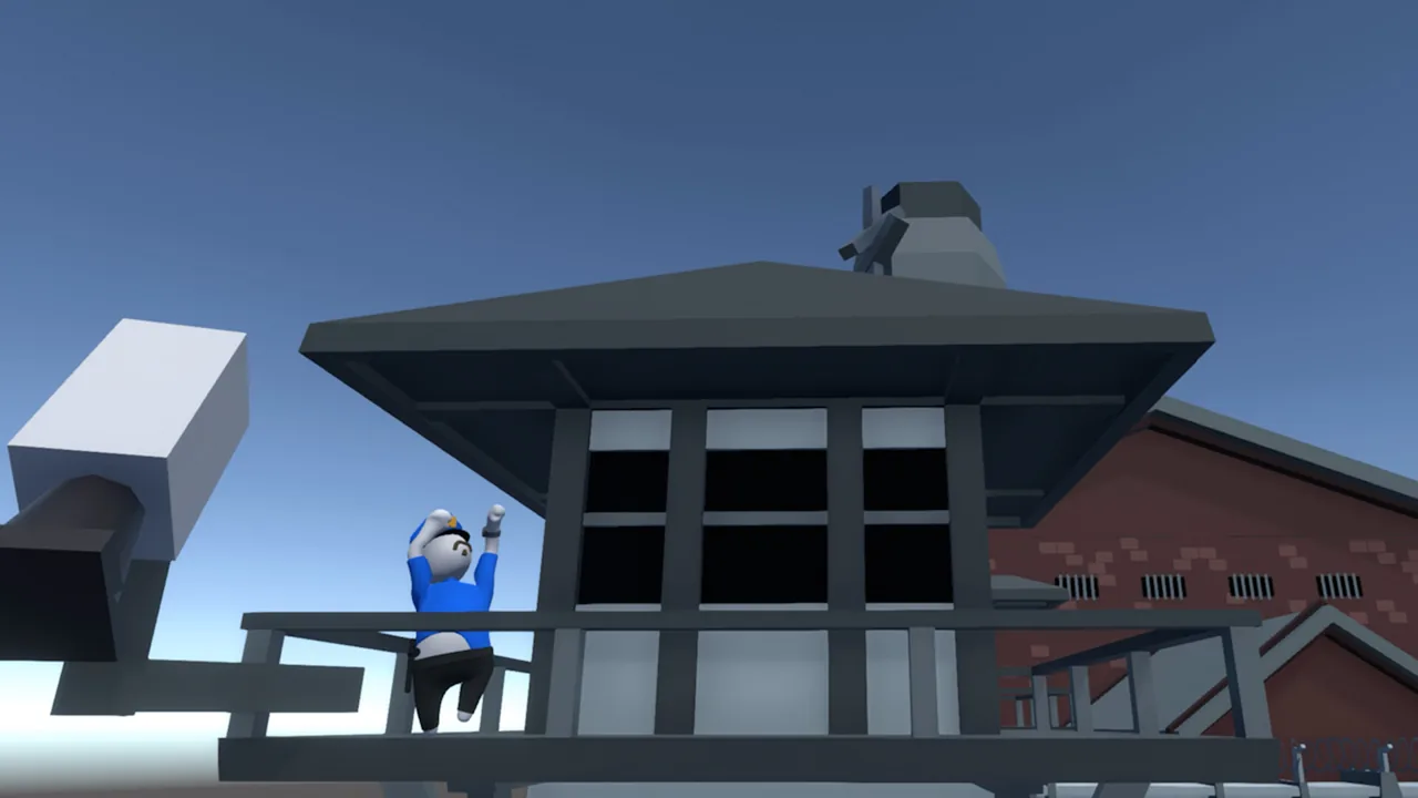 A character raising both hands in front of a watchtower (Human Fall Flat, via Steam)