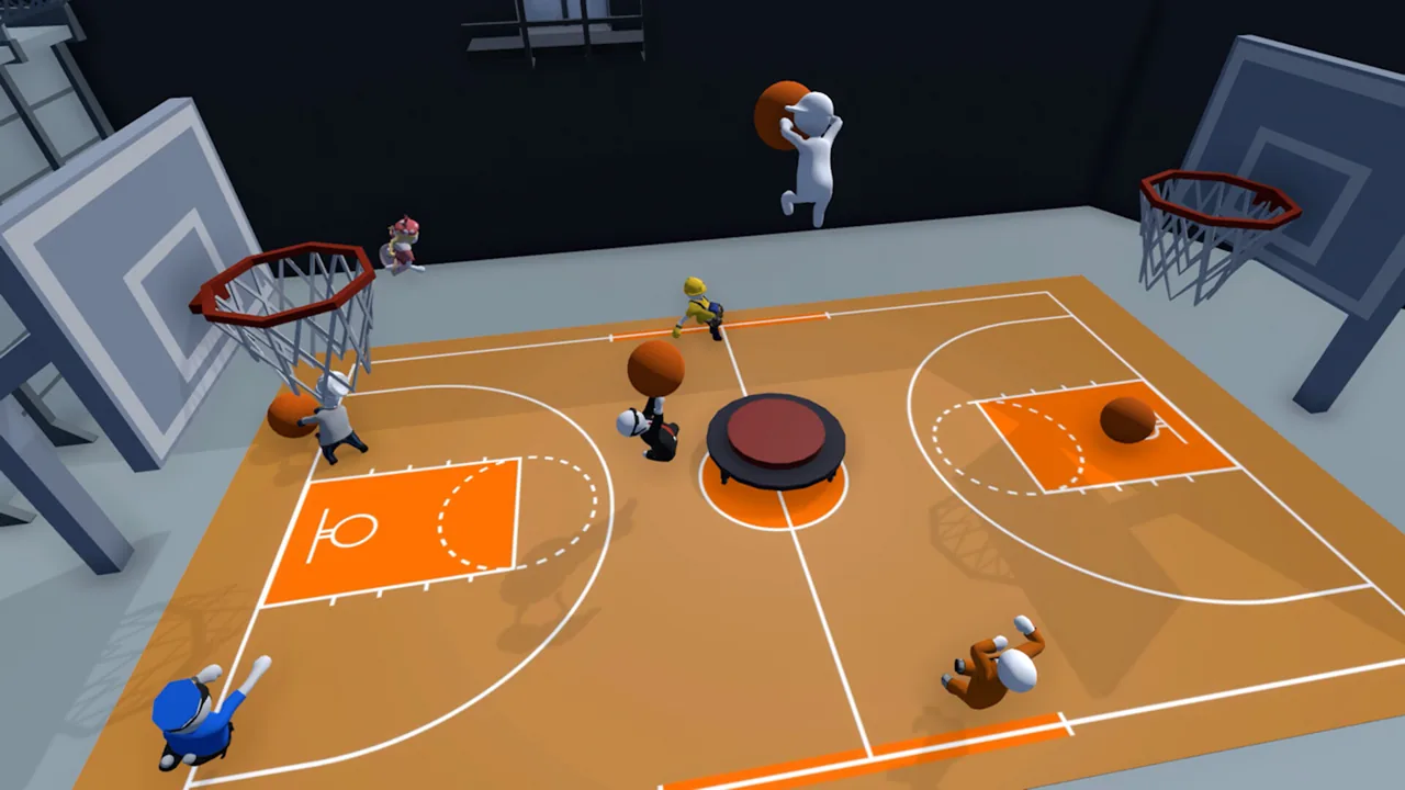 A character jumping with a ball on a basketball court (Human Fall Flat, via Steam)